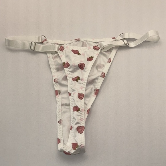 Silky Liquid Satin Pink Strawberry & Polka Dot Stretchy White Thong Panties NEW - Picture 10 of 11